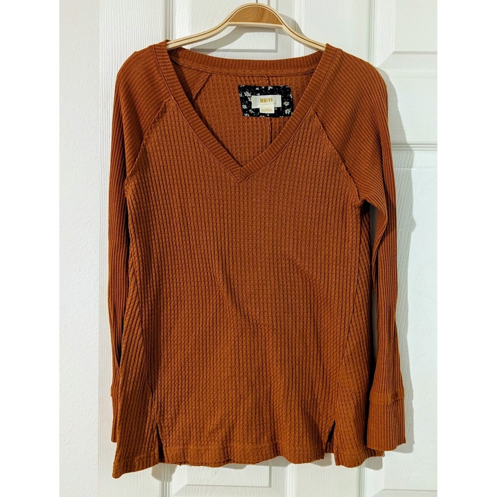 Maeve Anthropologie Thermal Top V Neck Long Sleeve Rust Orange XS